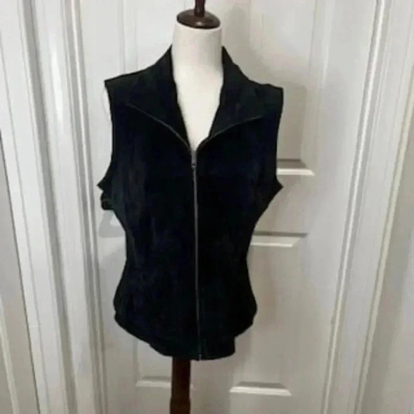 Mark Alan western‎ Leather Suede Biker Front Zip Up Black Vest Women’s Size Larg - Picture 9 of 10